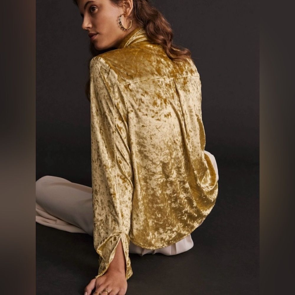 AMADI X Anthro XS Gold Crushed Velvet Long Sleeve Relaxed Fit Top - Picture 2 of 15